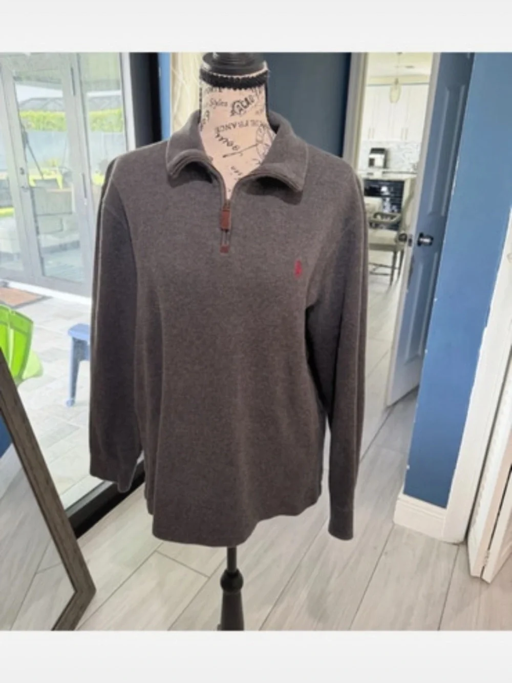 Polo by Ralph Lauren Men’s Dark Gray Quarter-Zip Sweater with Red Pony